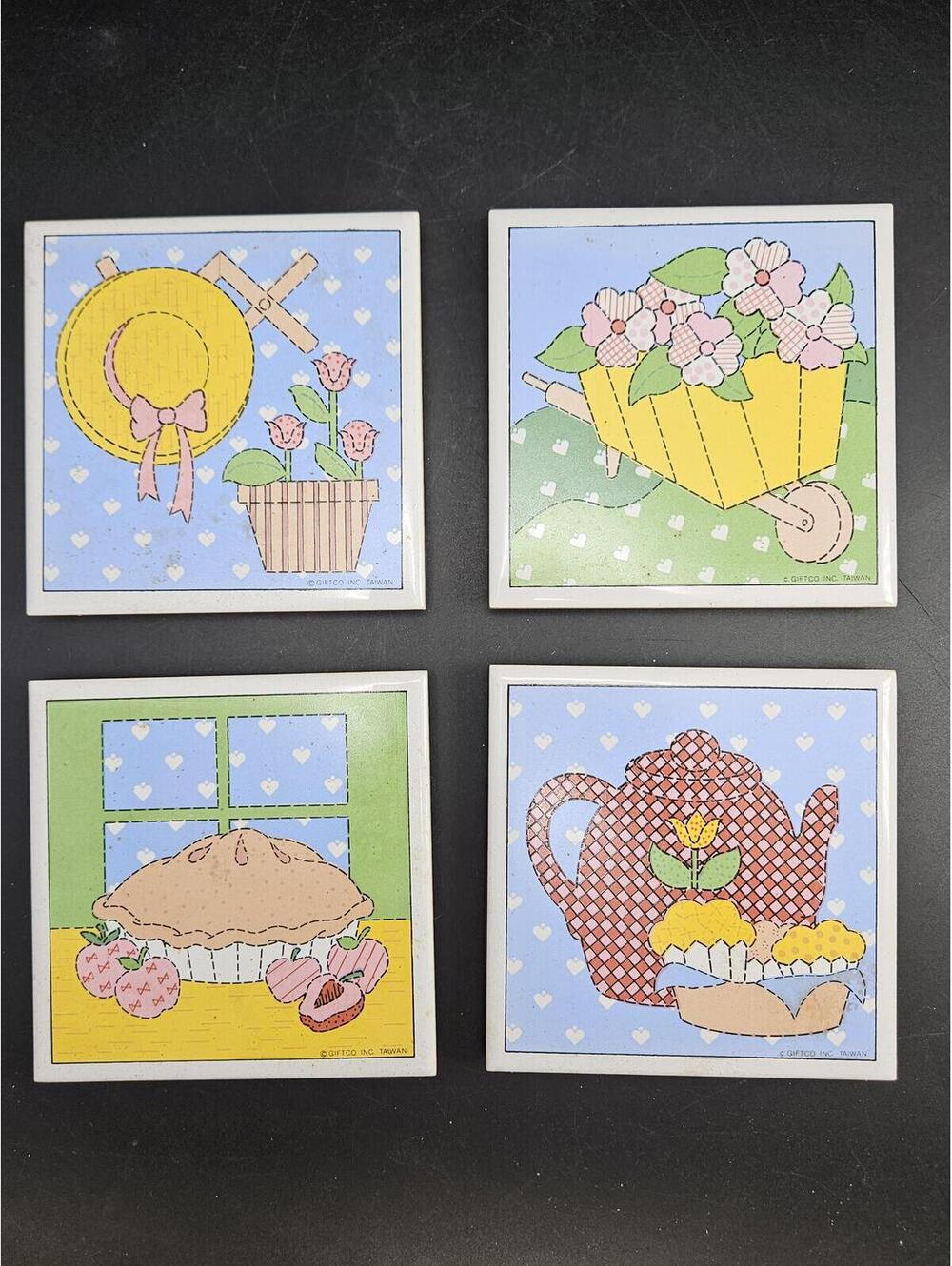1980s Giftco Country Delight Tile Trivets Box Set of 4 Cottagecore Kitchen Decor